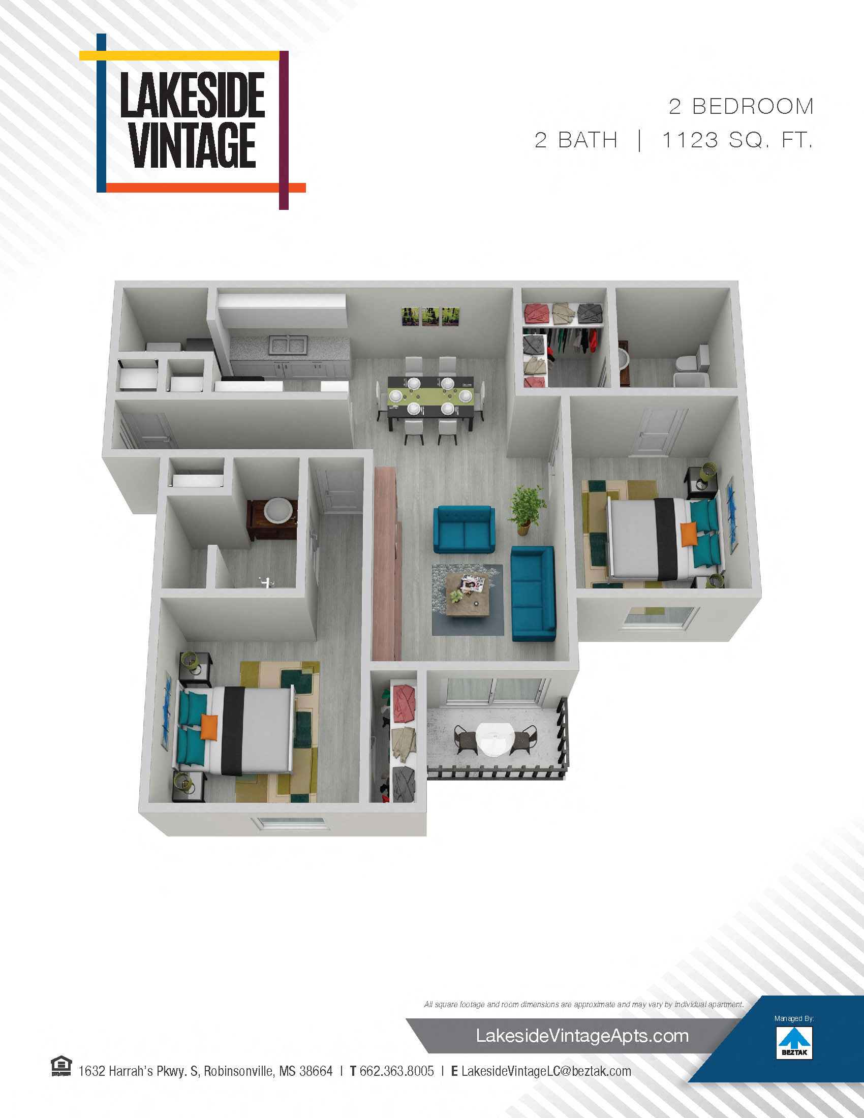 Floor plan for 2 beds, 2 baths, 1123 sqft
